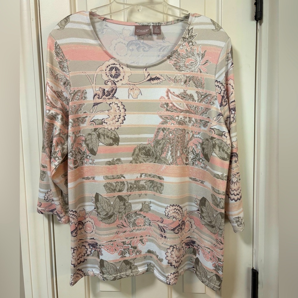 Chico's Women's Floral Striped Top - Pink and Gray